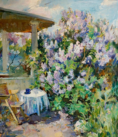 Oil painting of vibrant purple lilac blooms by Polyakova Lyudmila Valentinovna