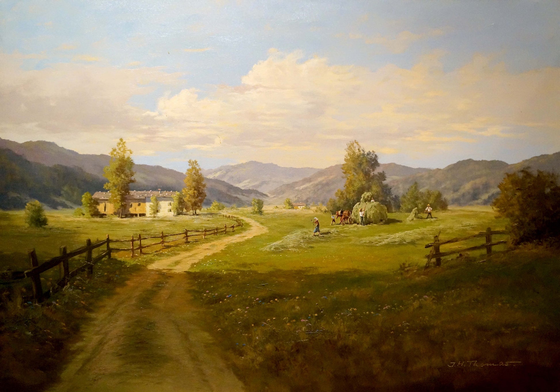 Oil painting Estate Road by Thomas J.H.: serene hills, path, mountains