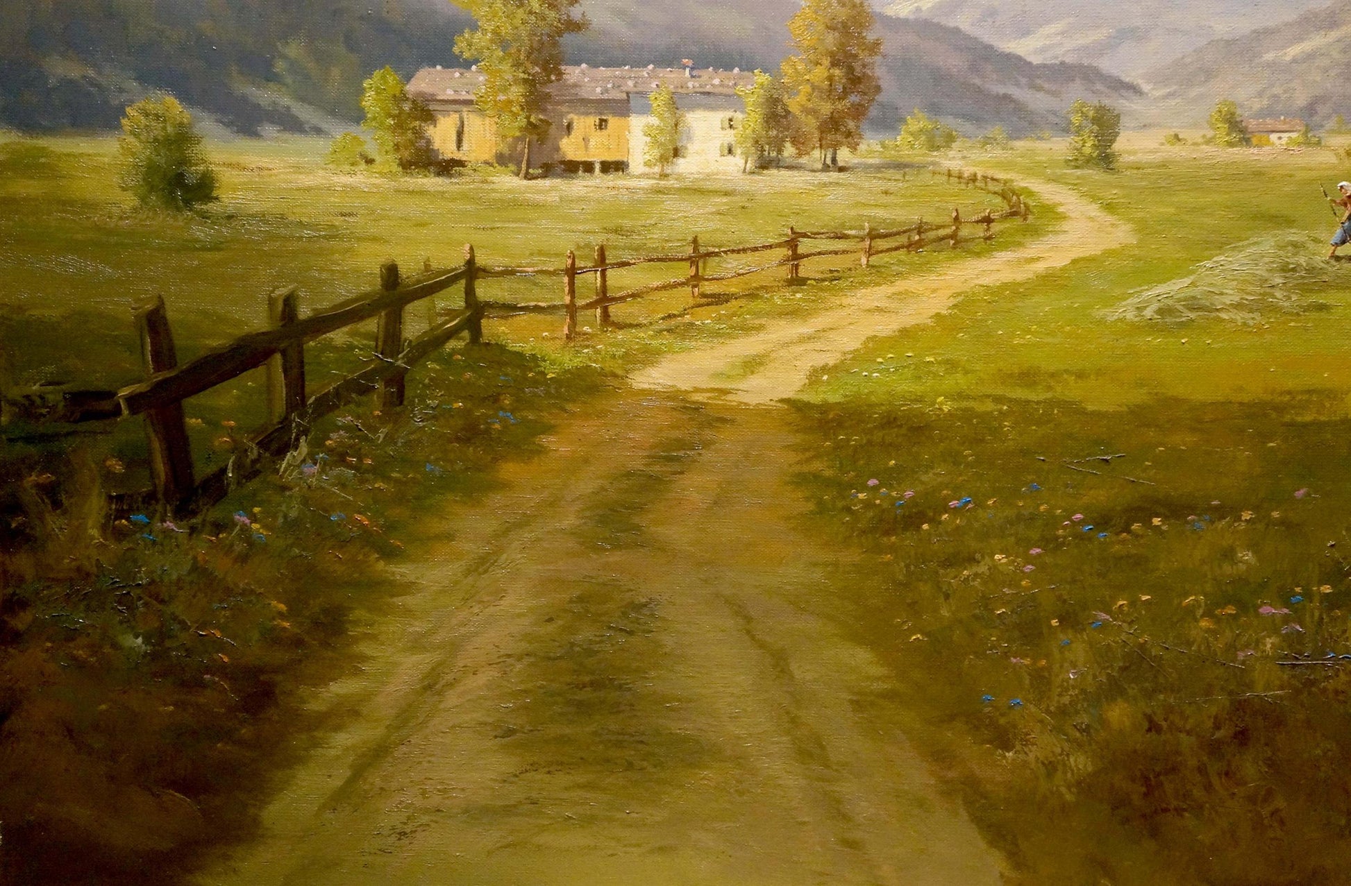Oil painting Estate road Thomas J.H. rustic wooden fence