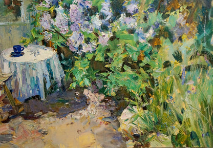 Oil painting of blue teacup on saucer by Polyakova Lyudmila Valentinovna