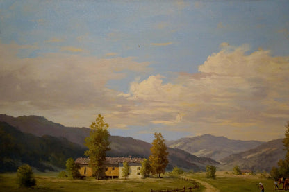 Serene Oil painting Estate road Thomas J.H. with yellow house among trees
