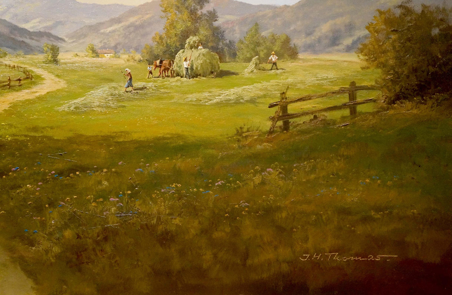 Oil painting of rustic wooden fence by Thomas J.H., Estate road