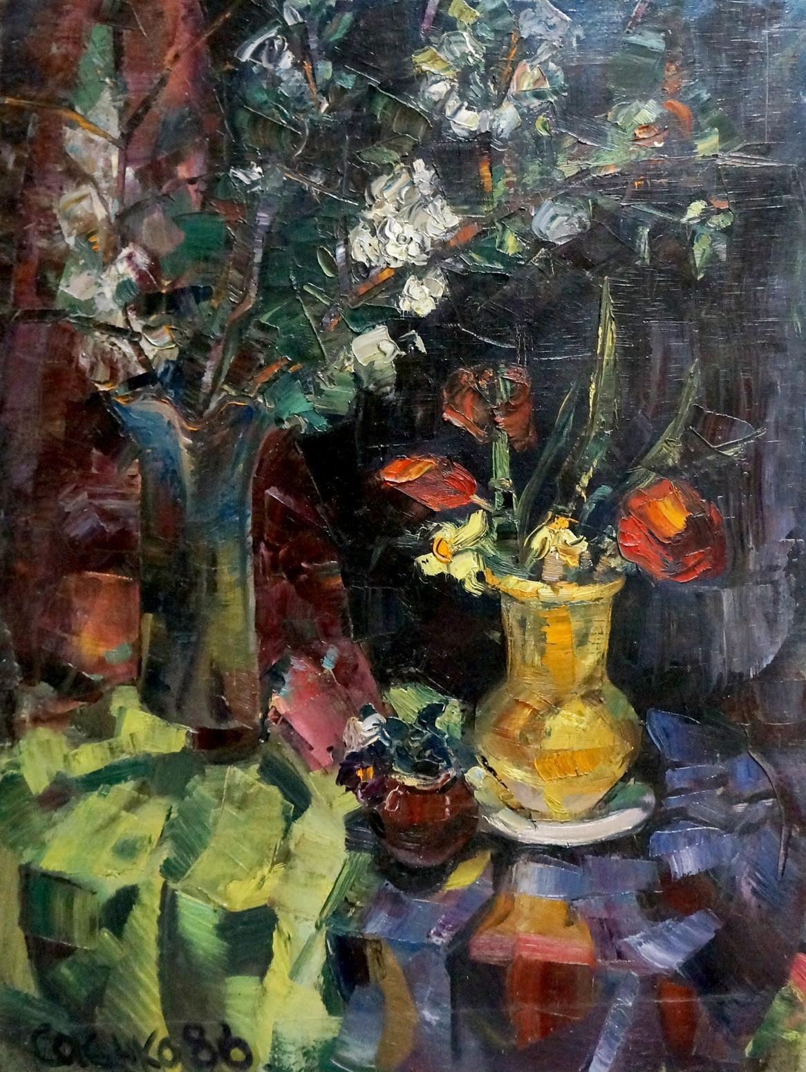 Oil painting still life by Saenko Ruslan Nikolaevich: yellow vase with white orange flowers