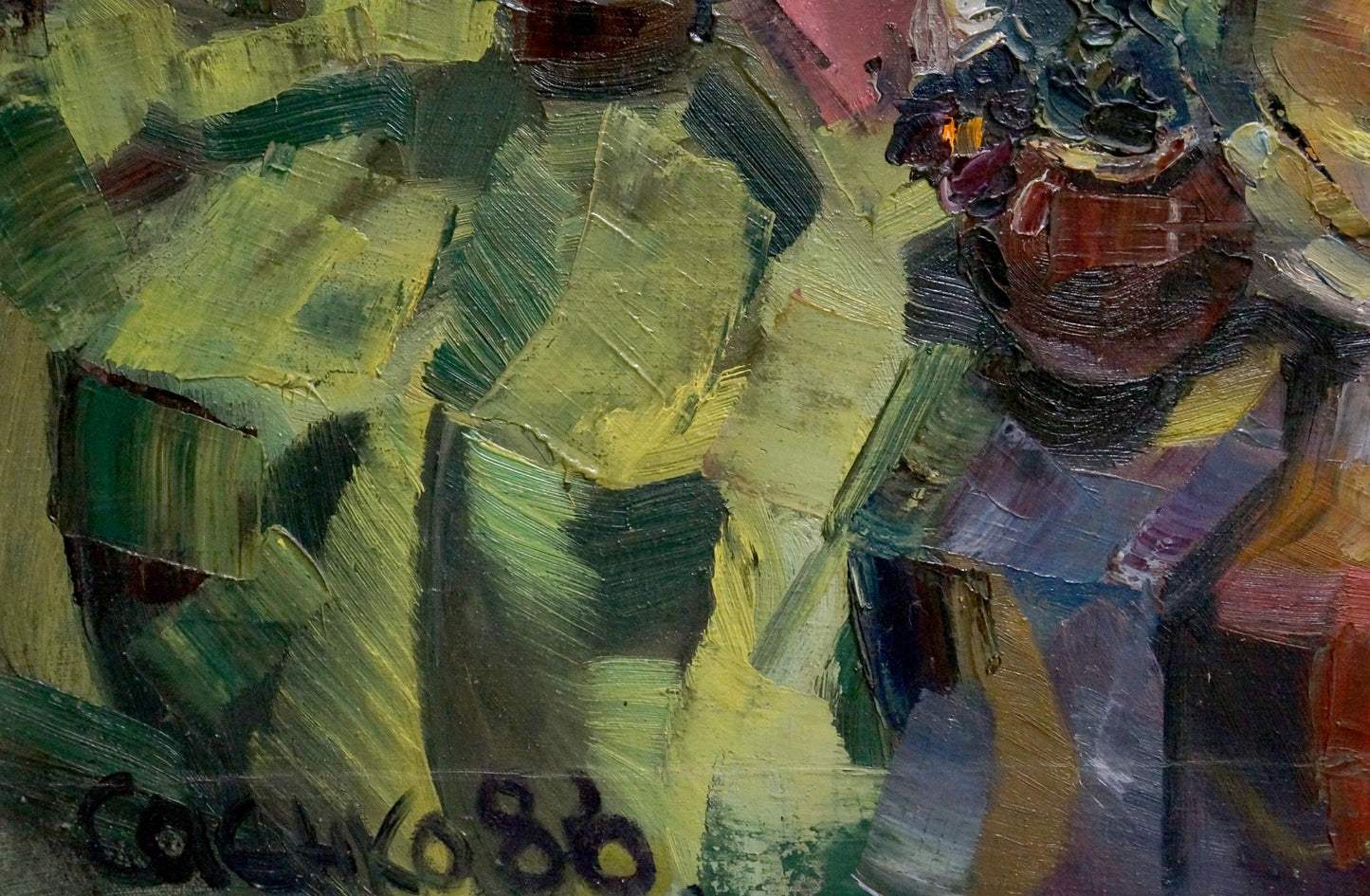 Oil painting still life by Saenko Ruslan Nikolaevich: reddish-brown vase with purple flowers