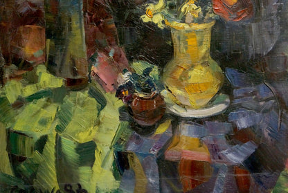 Oil painting still life by Saenko Ruslan Nikolaevich: golden vase with yellow red flowers