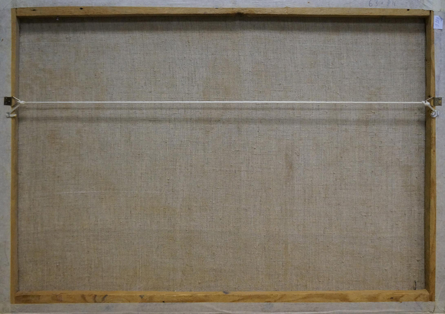 Back of Abstract oil painting Behind the Wheel by Kachanov Konstantin Silovich, beige canvas on light wood frame