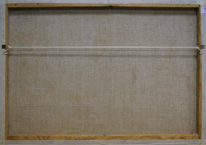 Back of Abstract oil painting Behind the Wheel by Kachanov Konstantin Silovich, beige canvas on light wood frame