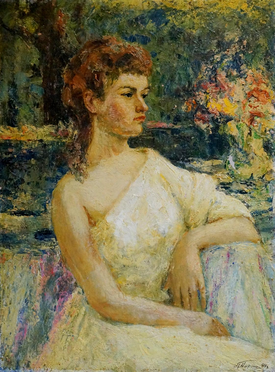 Oil painting of graceful woman in off-white dress by Miroshnichenko Pavel Petrovich