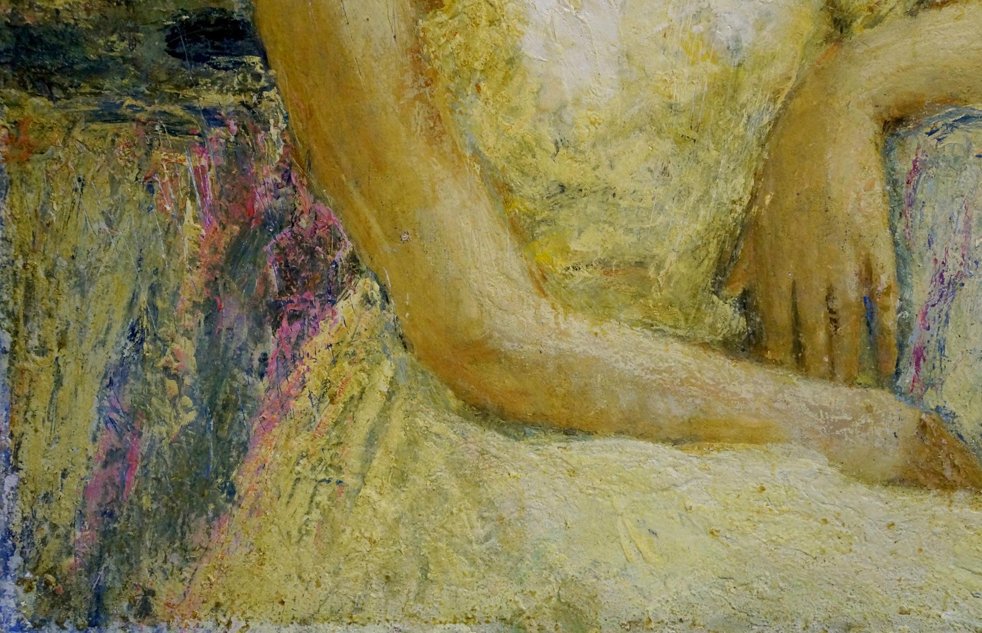 Oil painting of female portrait by Miroshnichenko Pavel Petrovich, textured arm and shoulder in warm yellow tones