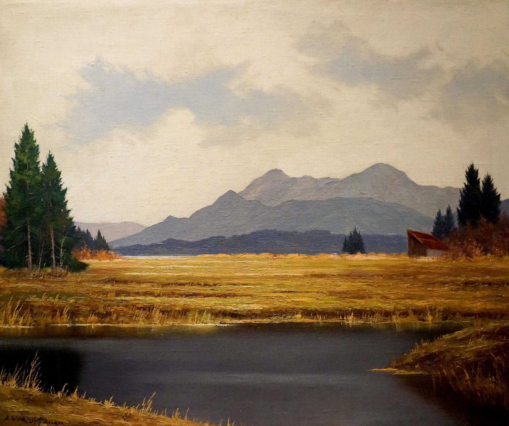 Serene Oil Painting Mountain View with golden fields and calm river