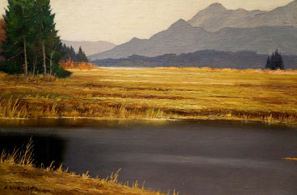 Oil painting Mountain View: serene golden field by dark water, evergreens, mountains