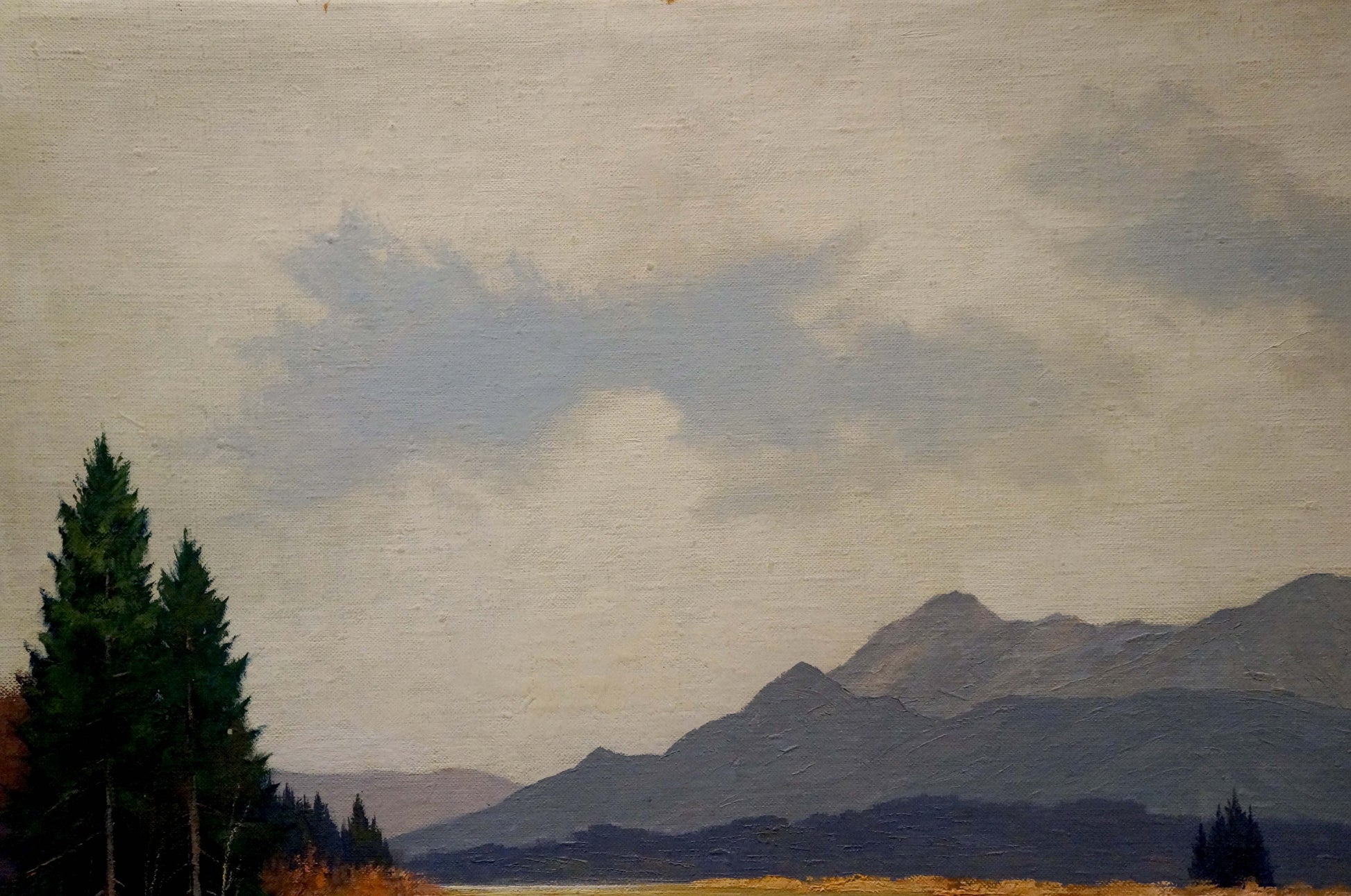 Oil painting Mountain View: serene mountain range with evergreens under cloudy sky
