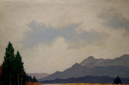 Oil painting Mountain View: serene mountain range with evergreens under cloudy sky