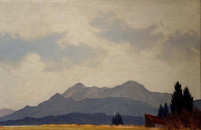 Oil painting Mountain View: serene range under cloudy sky with evergreens