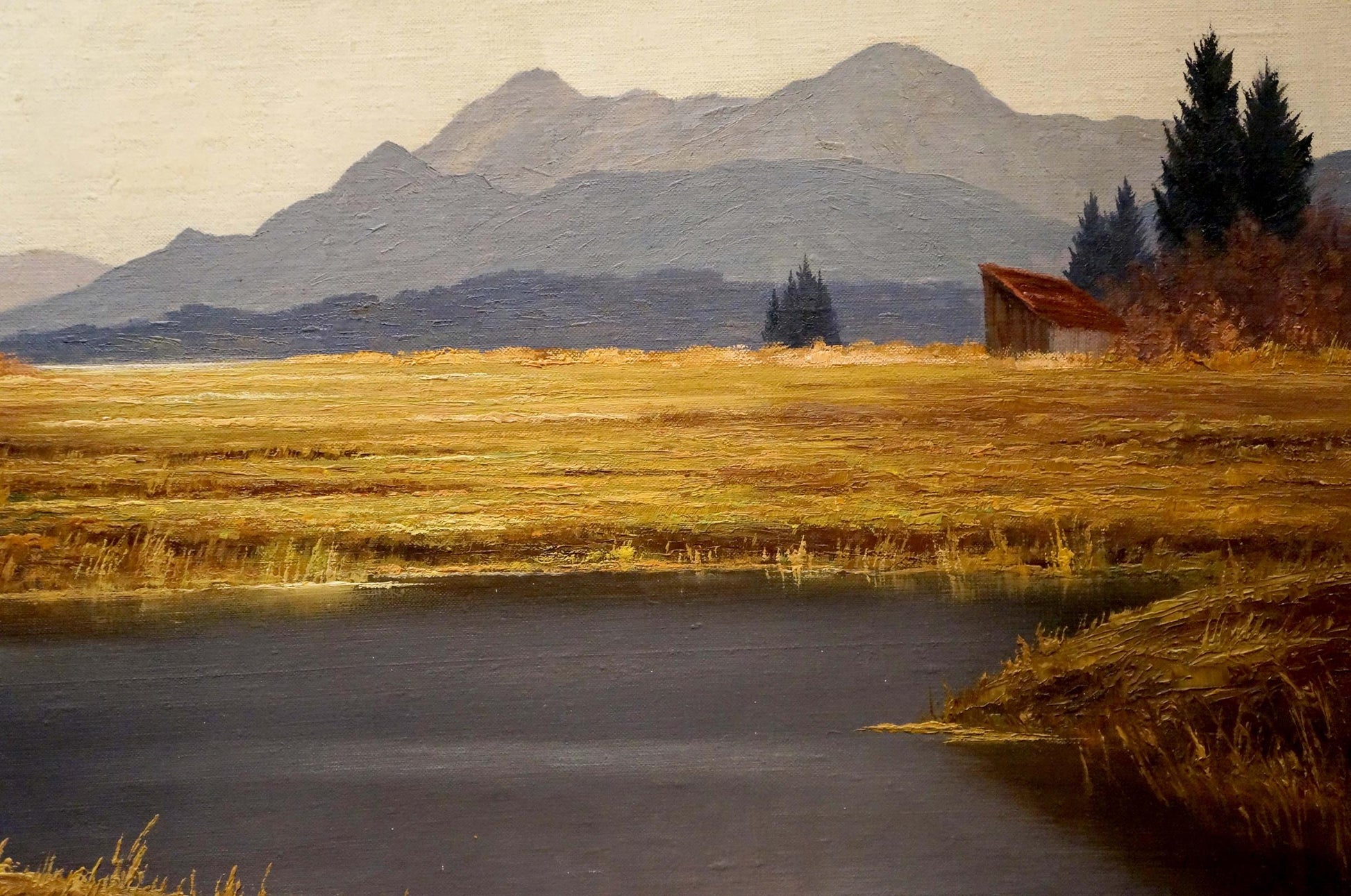 Oil painting Mountain View: rustic shed with red roof in golden grasses