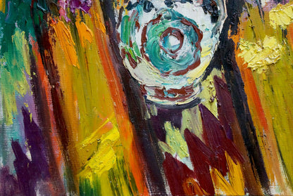 Vibrant abstract glass vase with teal white swirls by Petr Kolomoitsev