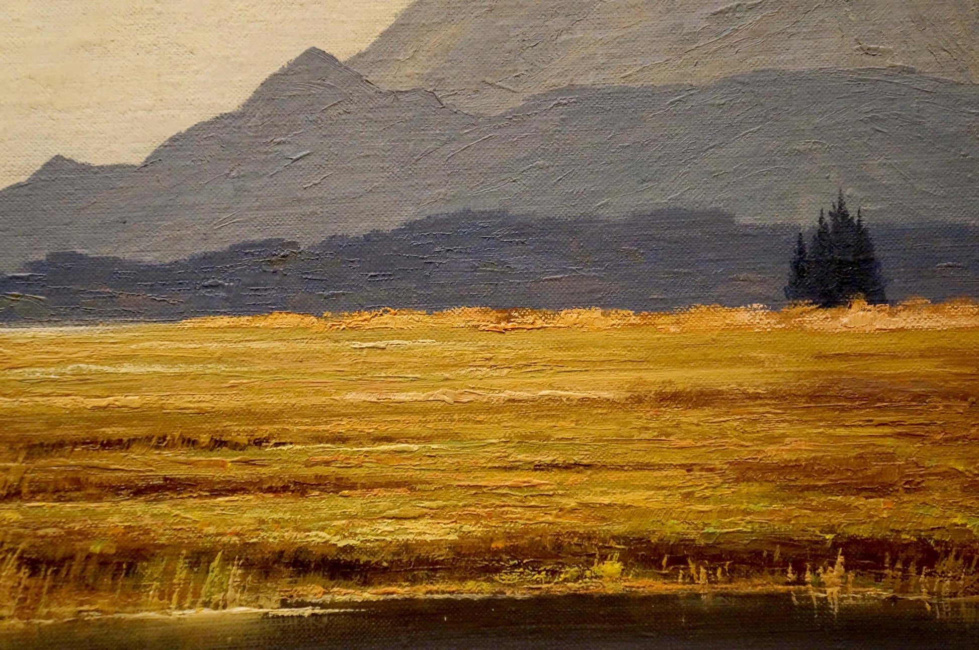 Oil painting Mountain View: golden field, gray mountains, dark tree