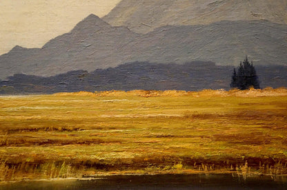 Oil painting Mountain View: golden field, gray mountains, dark tree