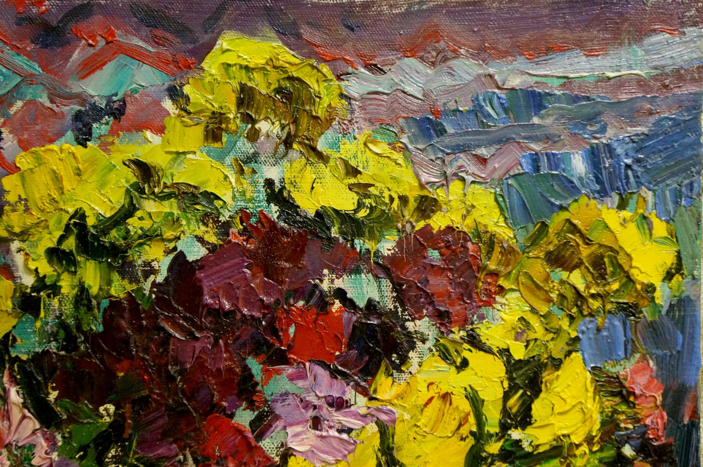 Vibrant oil painting Dreams of Flowers by Petr Kolomoitsev with bold flowers