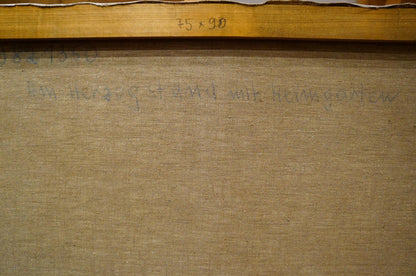 Back of Oil painting Mountain View canvas with frame, handwritten text, measurements
