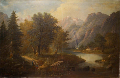 Serene Oil Painting Homecoming: mountains, green trees, river, snowy peaks