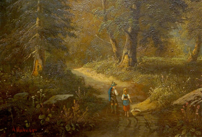 Oil painting Homecoming: two figures on sun-dappled forest path