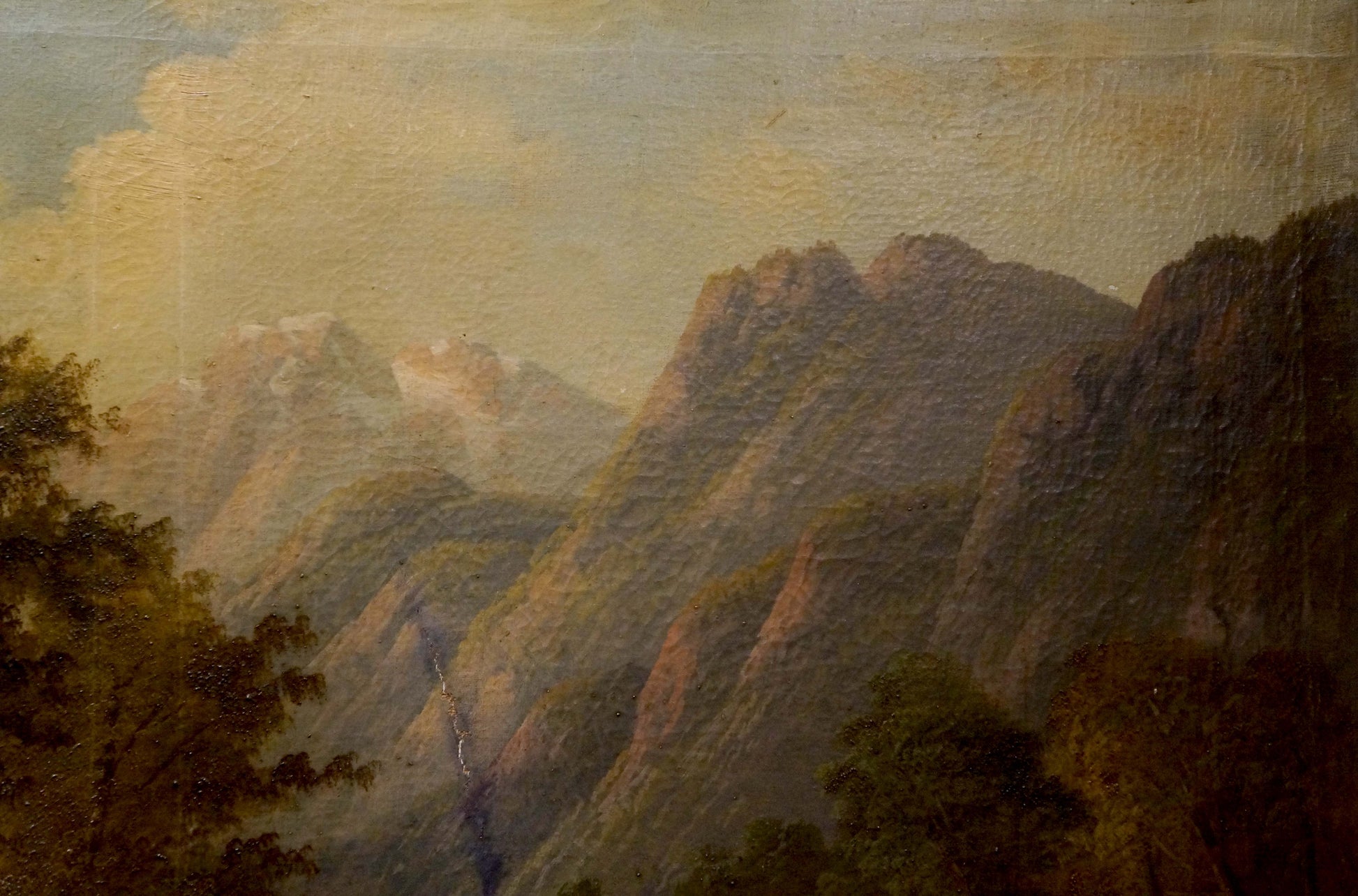 Vintage oil painting Homecoming: misty rugged mountains in golden light