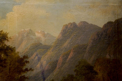 Vintage oil painting Homecoming: misty rugged mountains in golden light