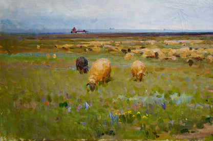 Oil painting To the Rain by Zhurbiy Alexander Petrovich: sheep in green field