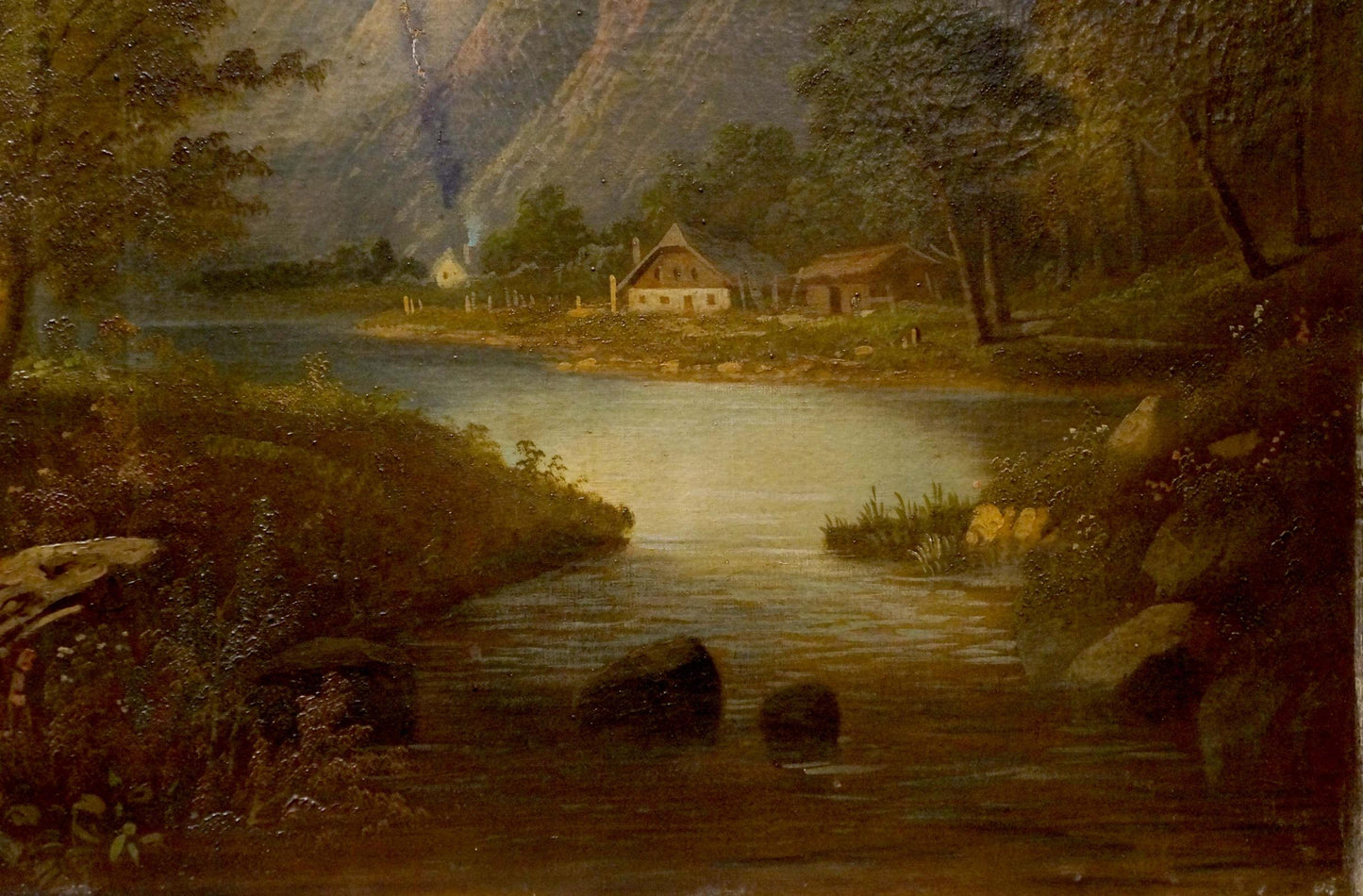 Oil painting Homecoming: rustic cabin by calm river amid lush greenery mountains