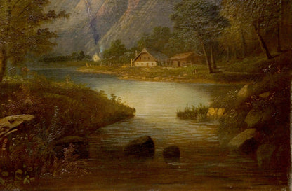 Oil painting Homecoming: rustic cabin by calm river amid lush greenery mountains