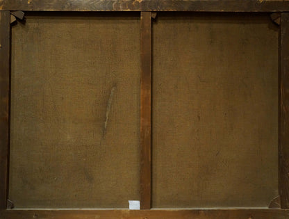 Back of Oil painting Homecoming with brown canvas panels and stretcher bars
