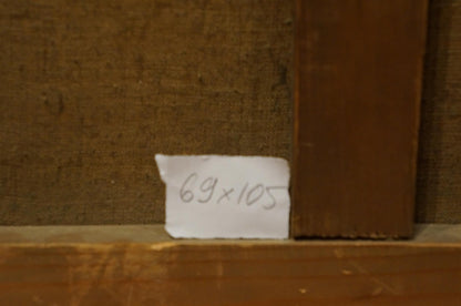 Back of Oil painting Homecoming with 69x105 label on wood