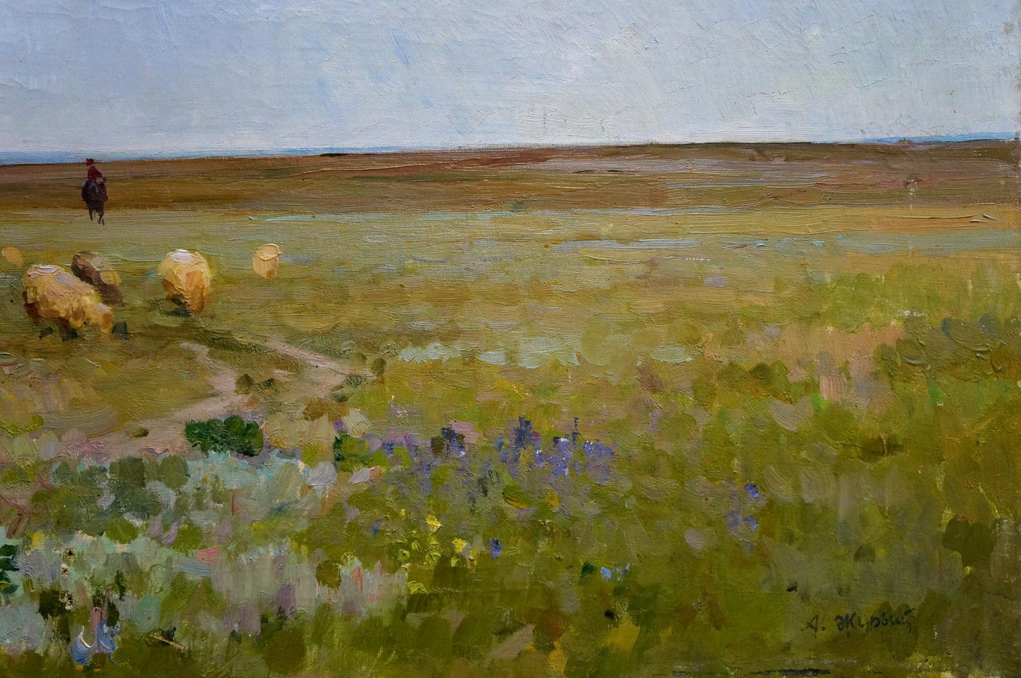 Serene oil painting To the Rain by Zhurbiy Alexander Petrovich with golden hay bales