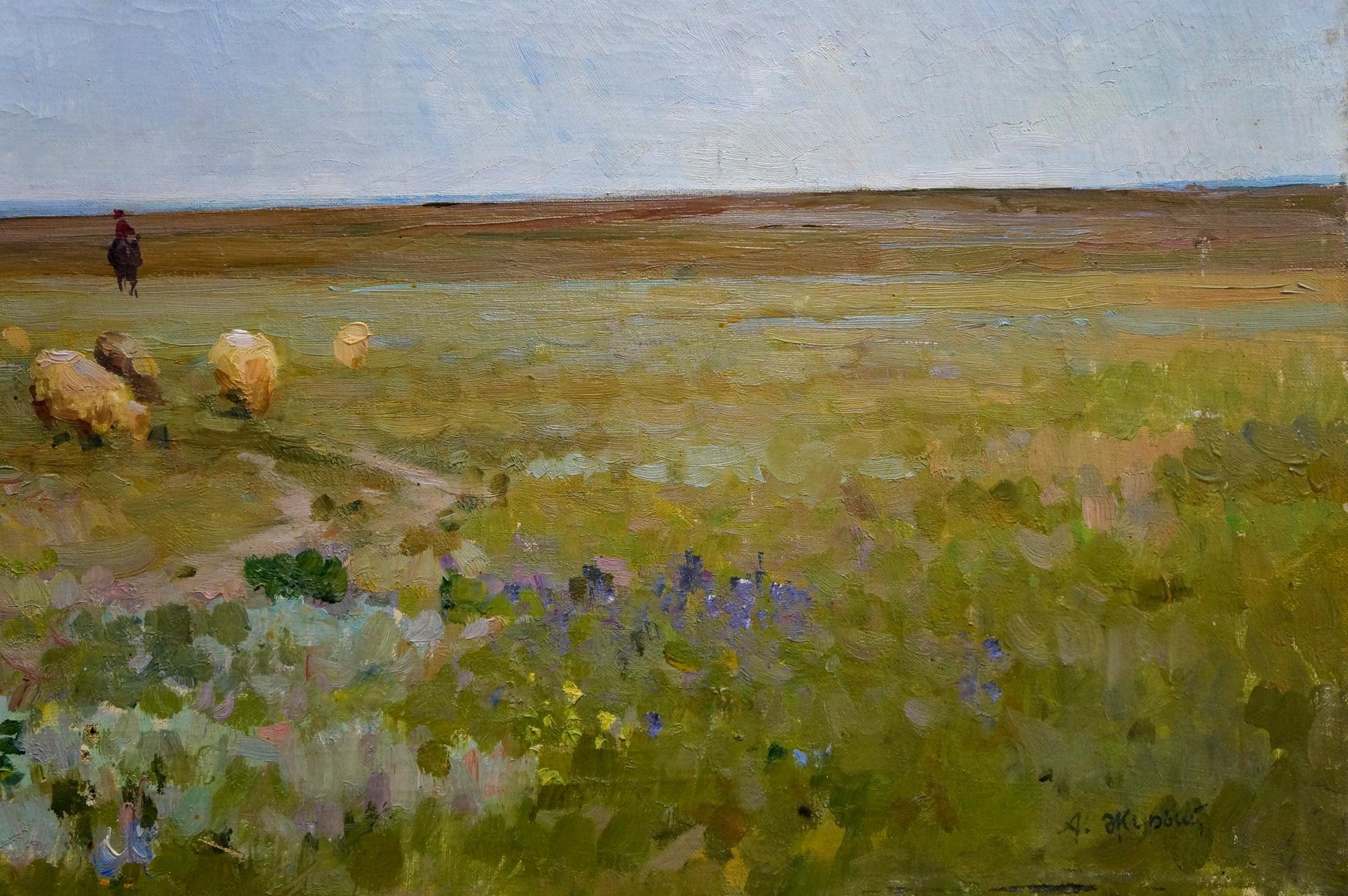 Serene oil painting To the Rain by Zhurbiy Alexander Petrovich with golden hay bales
