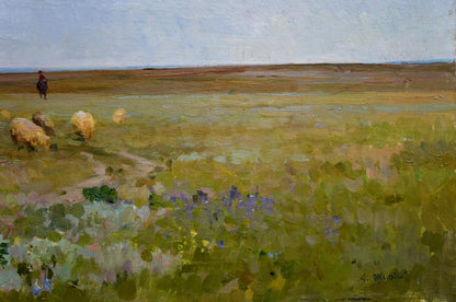 Serene oil painting To the Rain by Zhurbiy Alexander Petrovich with golden hay bales
