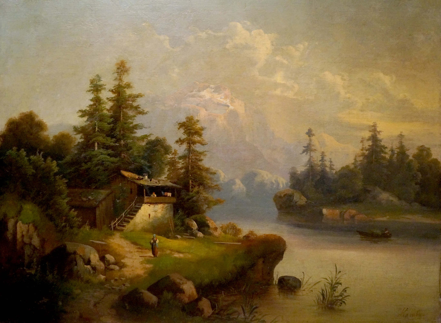 Oil painting Away from everyone: rustic cabin by lake amid evergreens