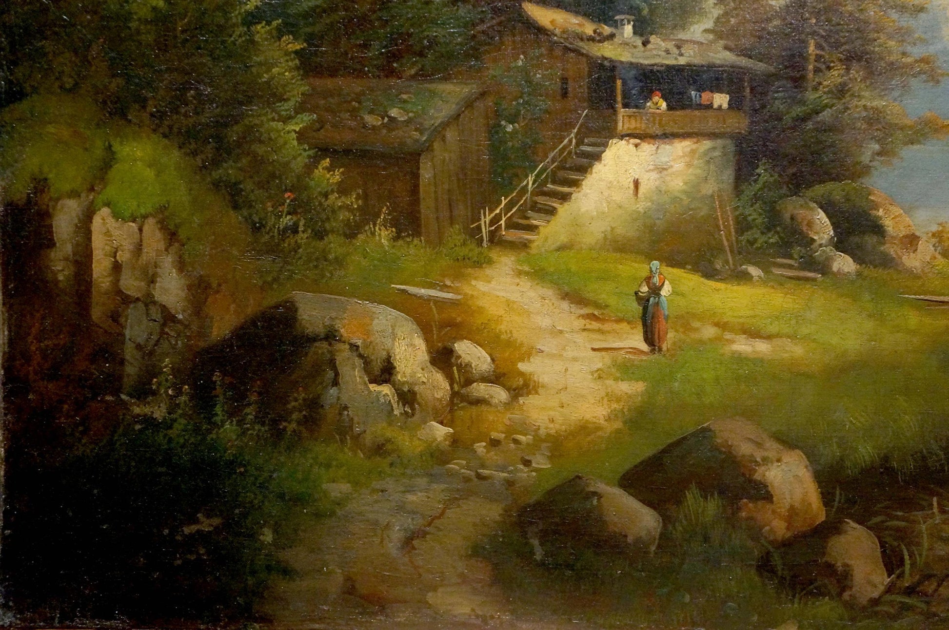 Oil painting Away from everyone: rustic wooden house with stone foundation among greenery