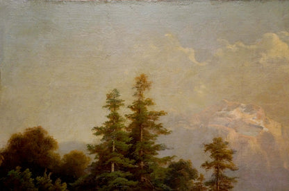 Oil painting Away from everyone: serene mountain landscape with evergreens