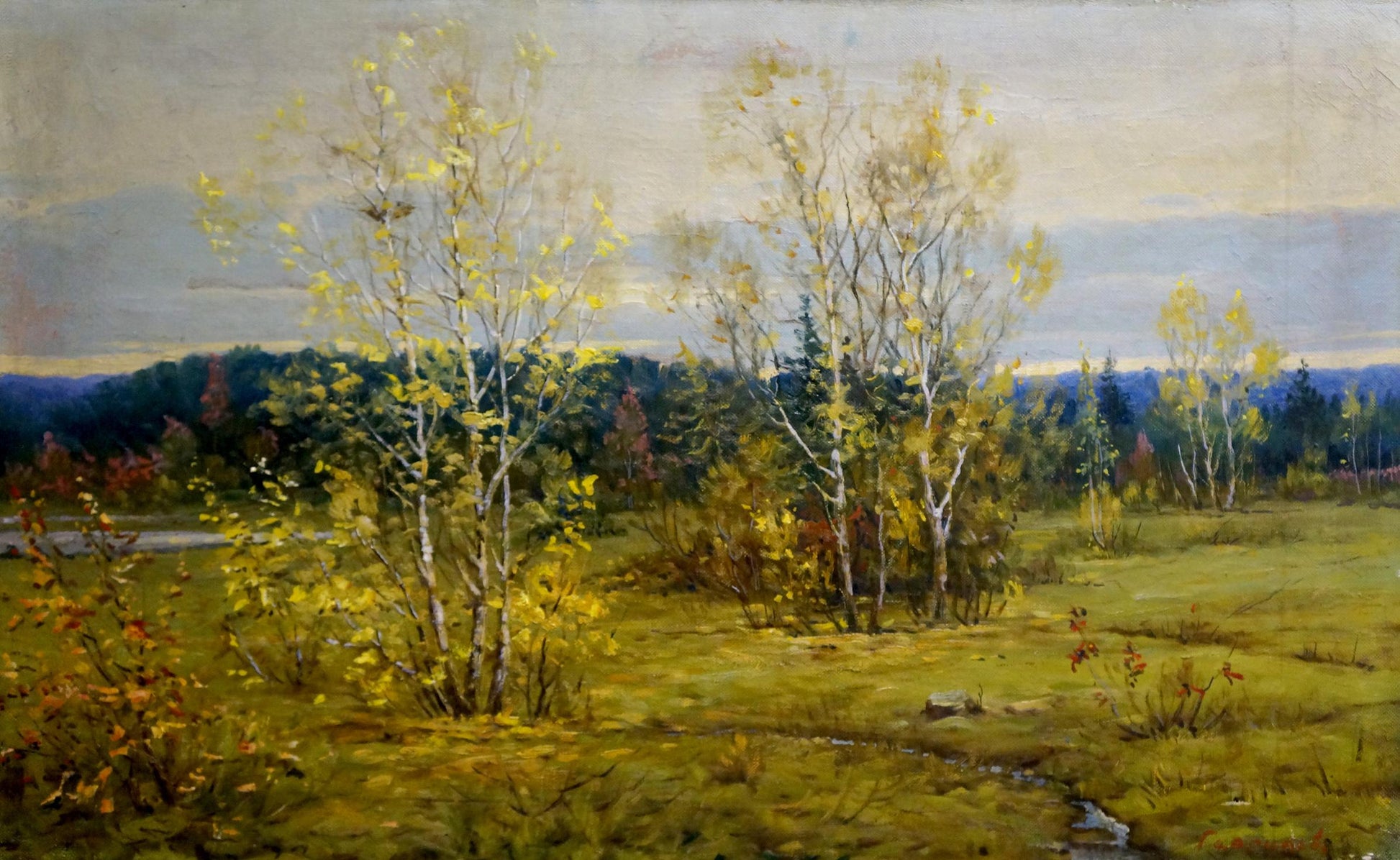 Oil painting Windy autumn landscape by V. Gavrilov with birch trees