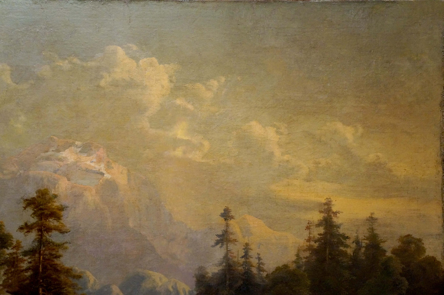 Oil painting Away from everyone: dramatic mountain landscape under vast cloudy sky
