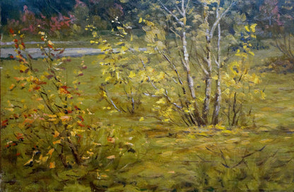 Oil painting Windy autumn landscape with birch trees by V. Gavrilov