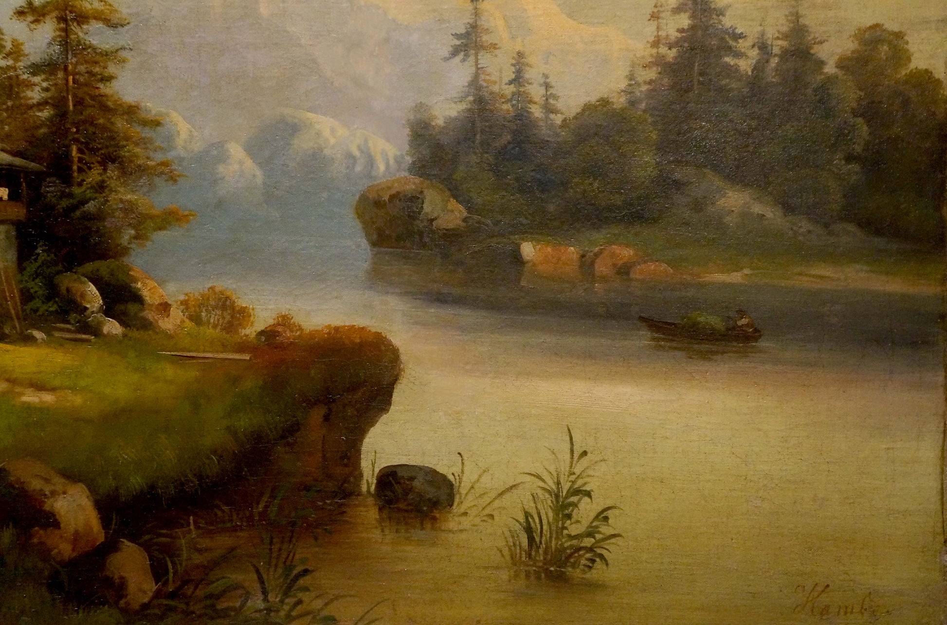 Serene oil painting Away from Everyone: tranquil lake with mountains and trees