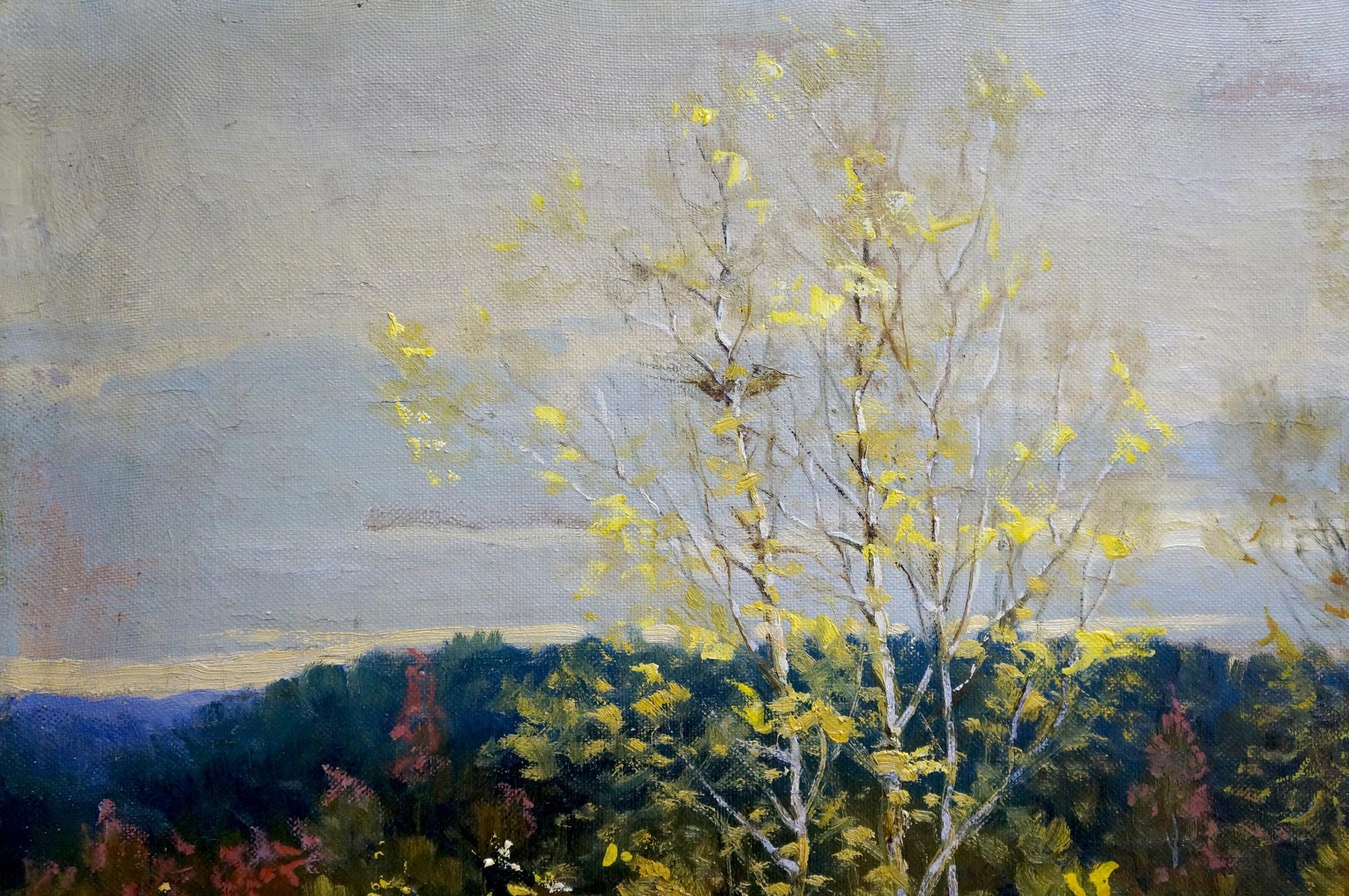 Oil painting Windy autumn landscape by V. Gavrilov with slender tree