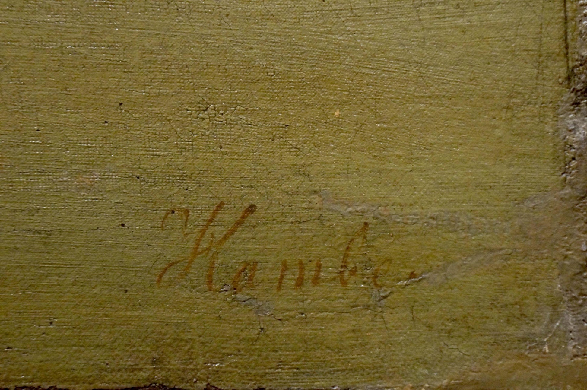 Faded handwritten signature in brown ink on back of Oil painting Away from everyone
