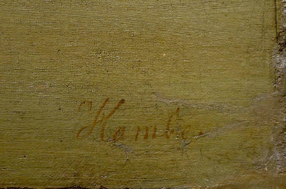 Faded handwritten signature in brown ink on back of Oil painting Away from everyone