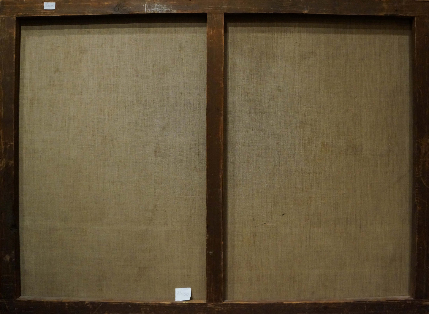 Back of Oil painting Away from everyone dual-panel canvas with dark wood frame and beige linen