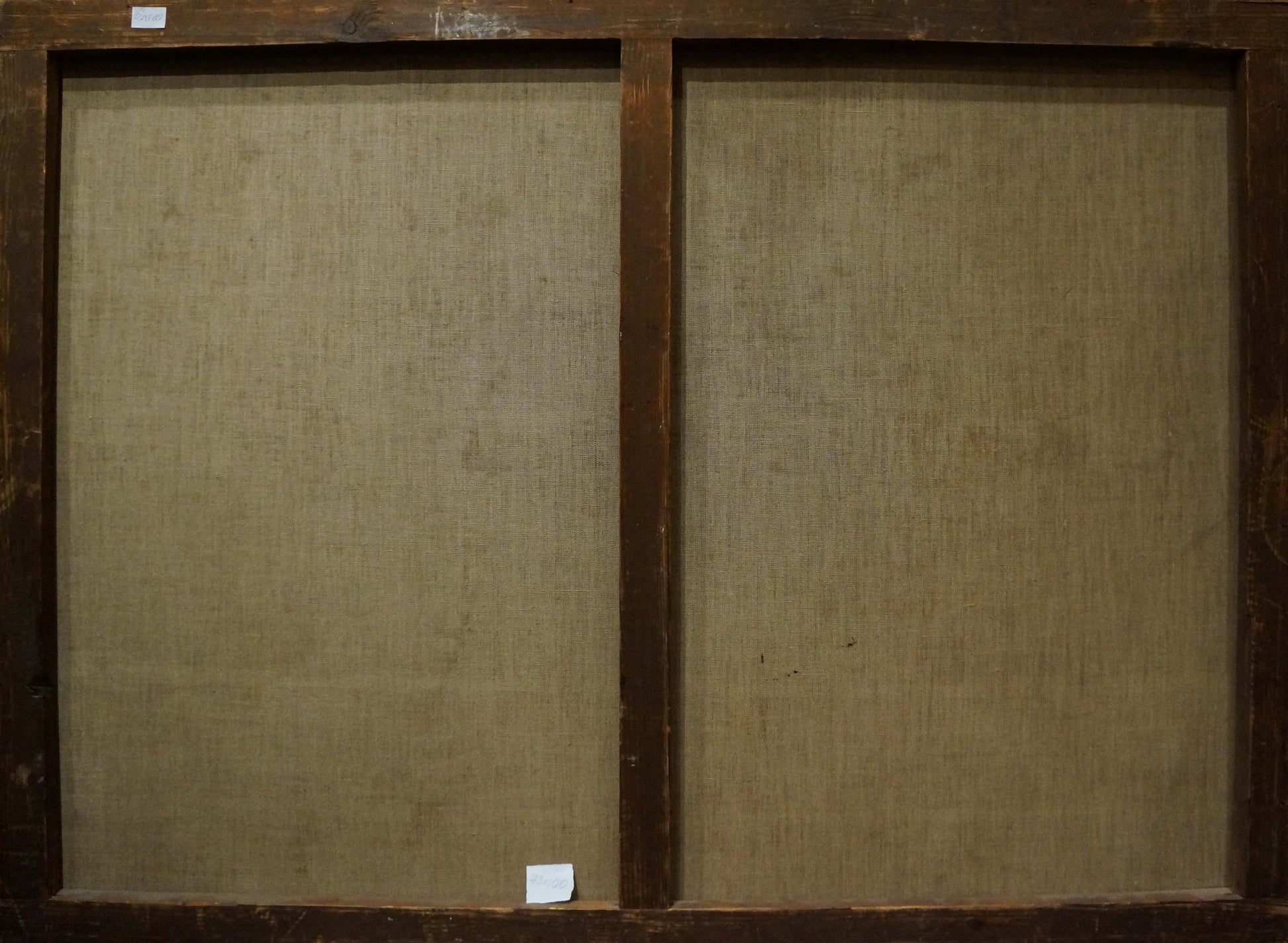 Back of Oil painting Away from everyone dual-panel canvas with dark wood frame and beige linen