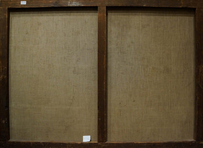 Back of Oil painting Away from everyone dual-panel canvas with dark wood frame and beige linen