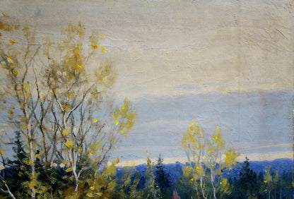 Oil painting Windy autumn landscape birch trees by V. Gavrilov